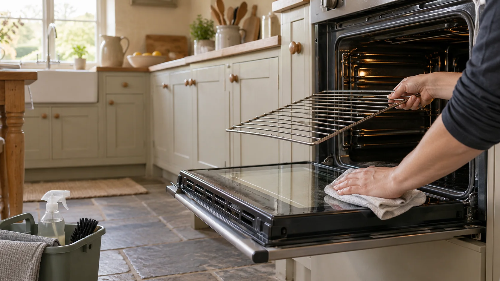 Hands wiping the inside of an open oven door while holding a removed oven rack