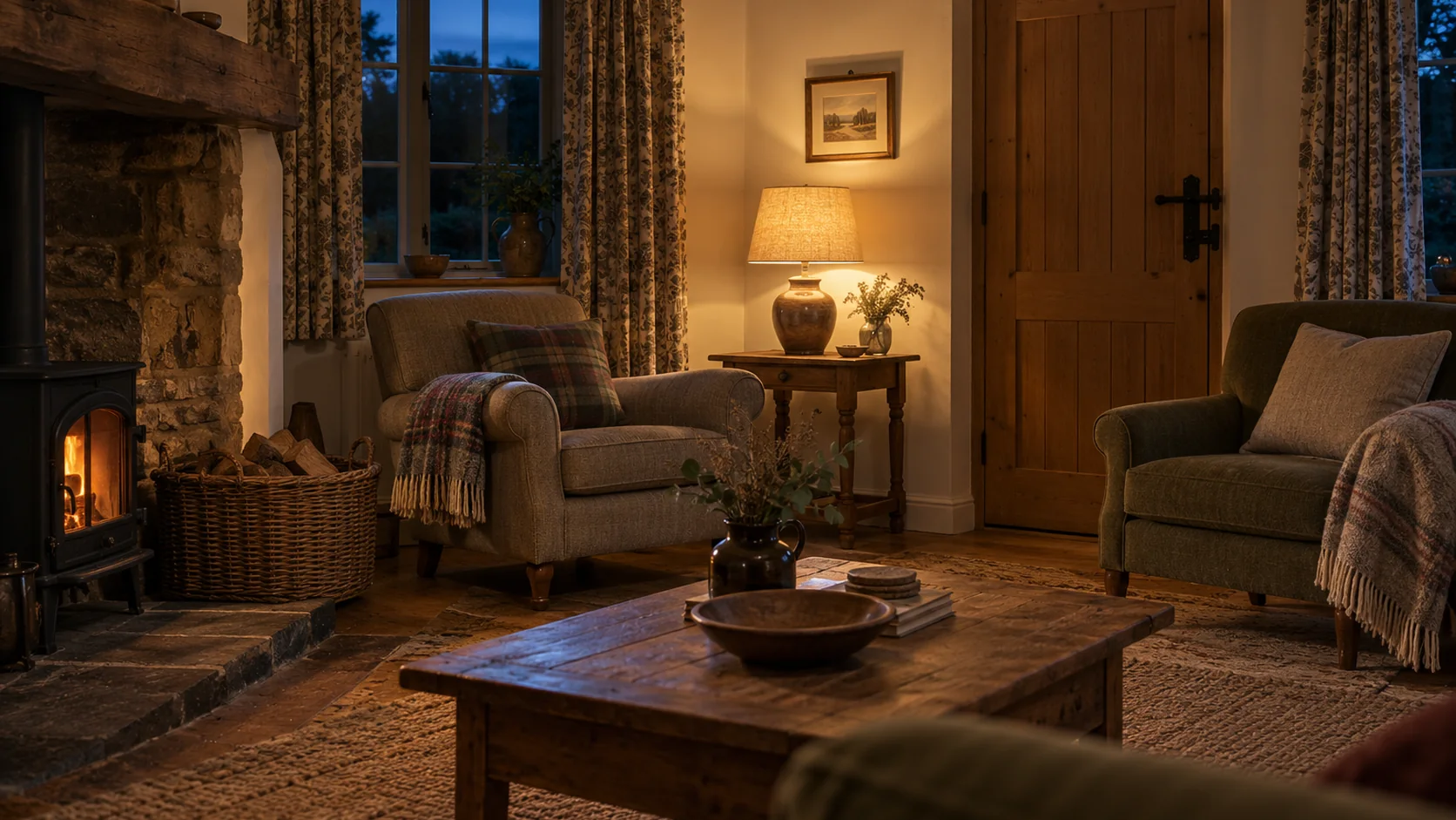 A cottage sitting room at dusk with a lamp on, two armchairs and the curtains half drawn