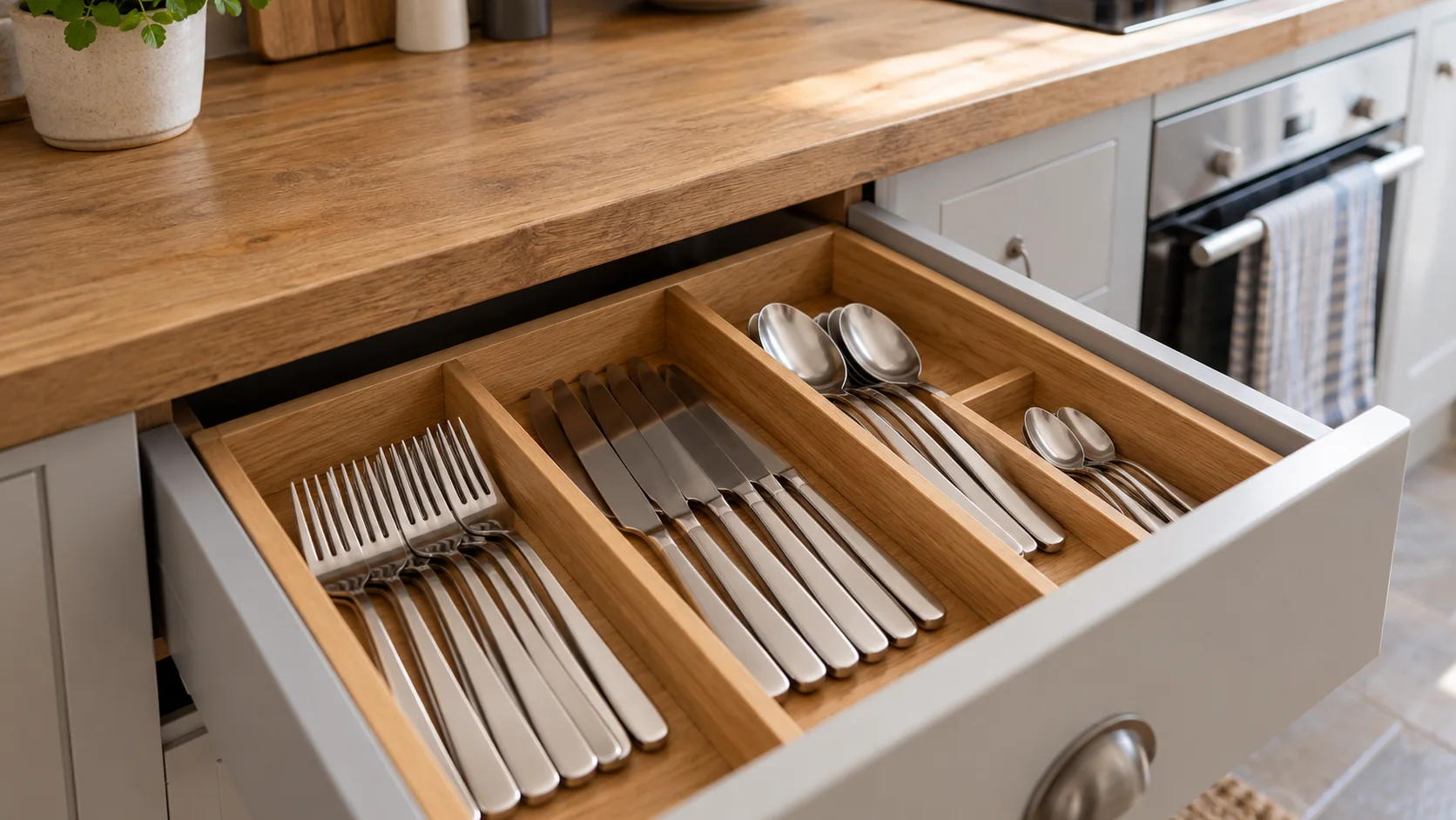 Forks, knives and spoons in neat rows in an open cutlery drawer