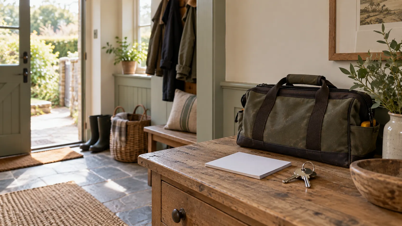 A keyring and a folded work note beside a closed tool bag