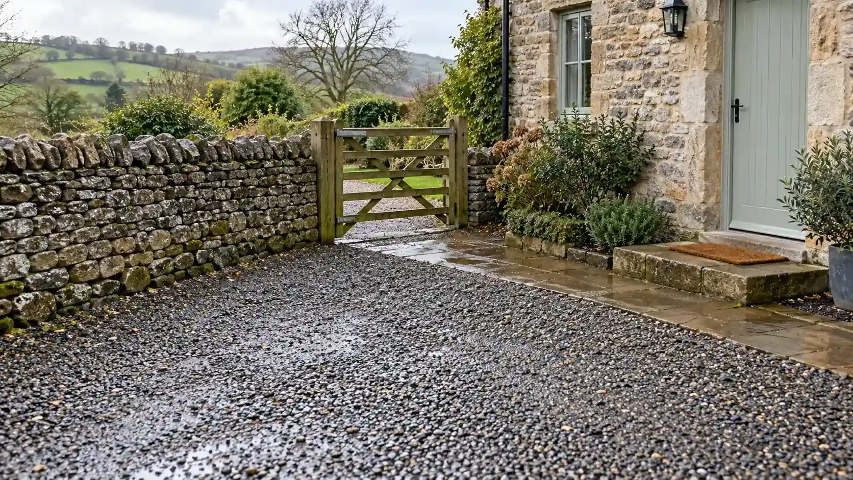 Empty gravel parking space beside a stone wall and a cottage door ready for arriving guests