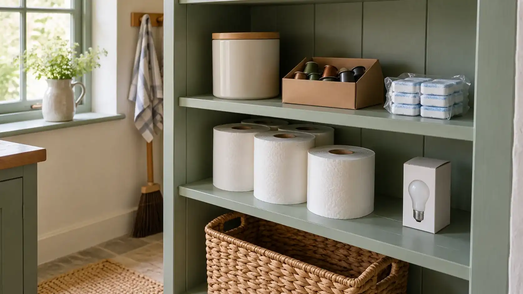 Painted pantry shelves stocked with tea, coffee pods, dishwasher tablets, toilet rolls and spare bulbs