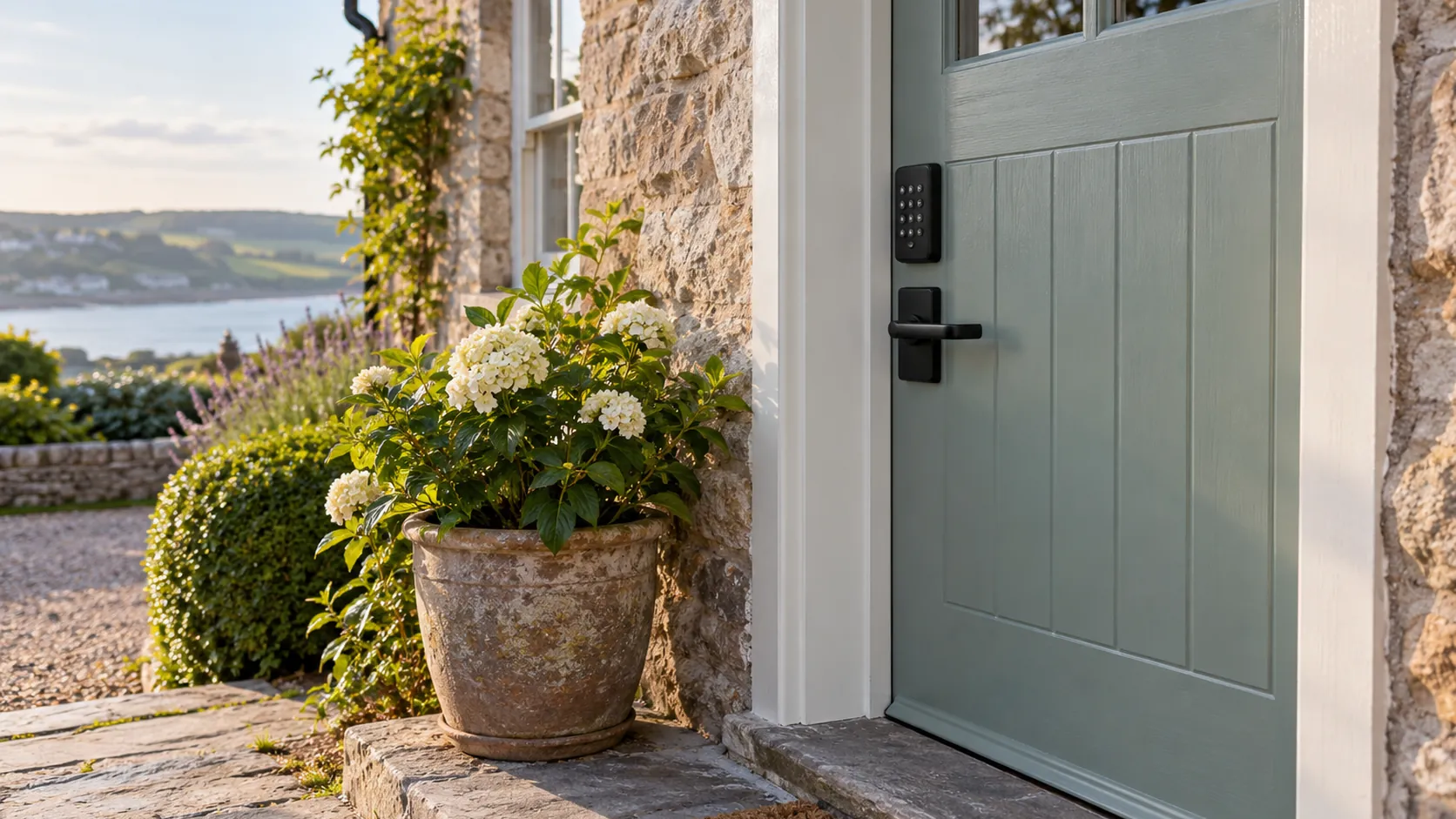 A cottage front door with a keypad lock fitted above the handle