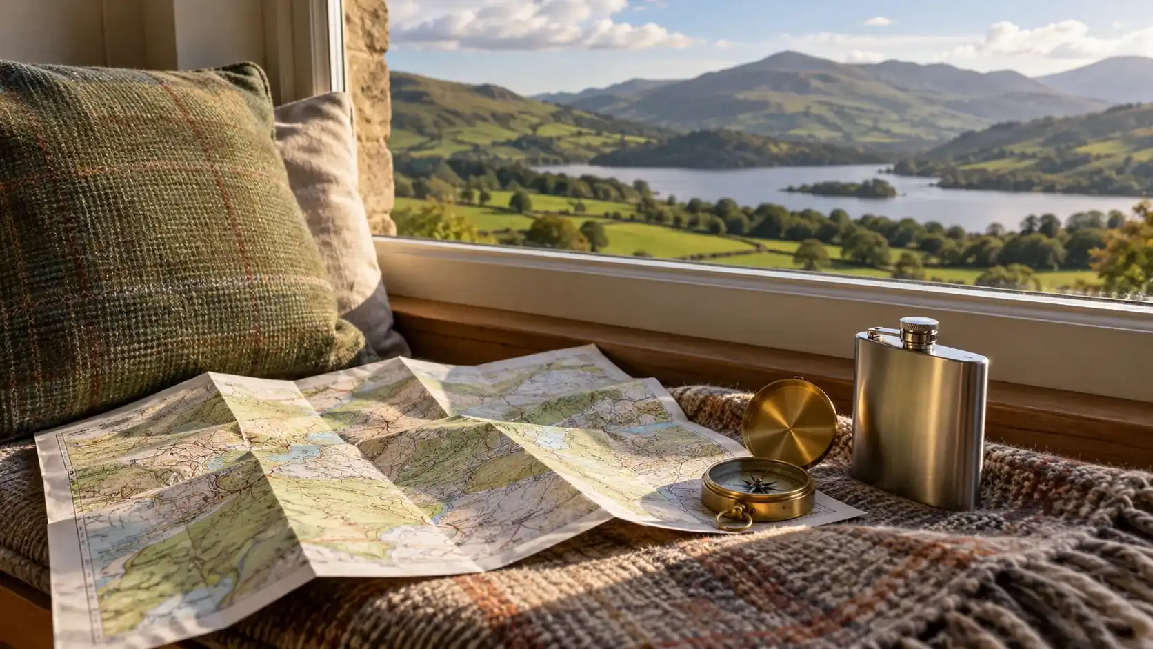 Folded walking map, compass and flask on a window seat with hills outside