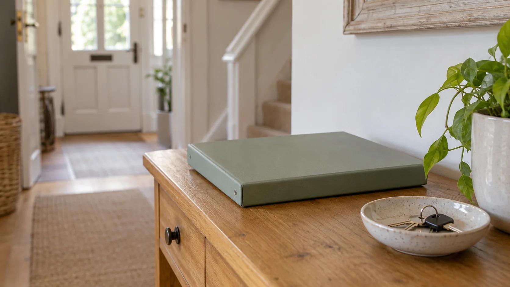 A closed ring binder on a hall table beside a dish holding house keys