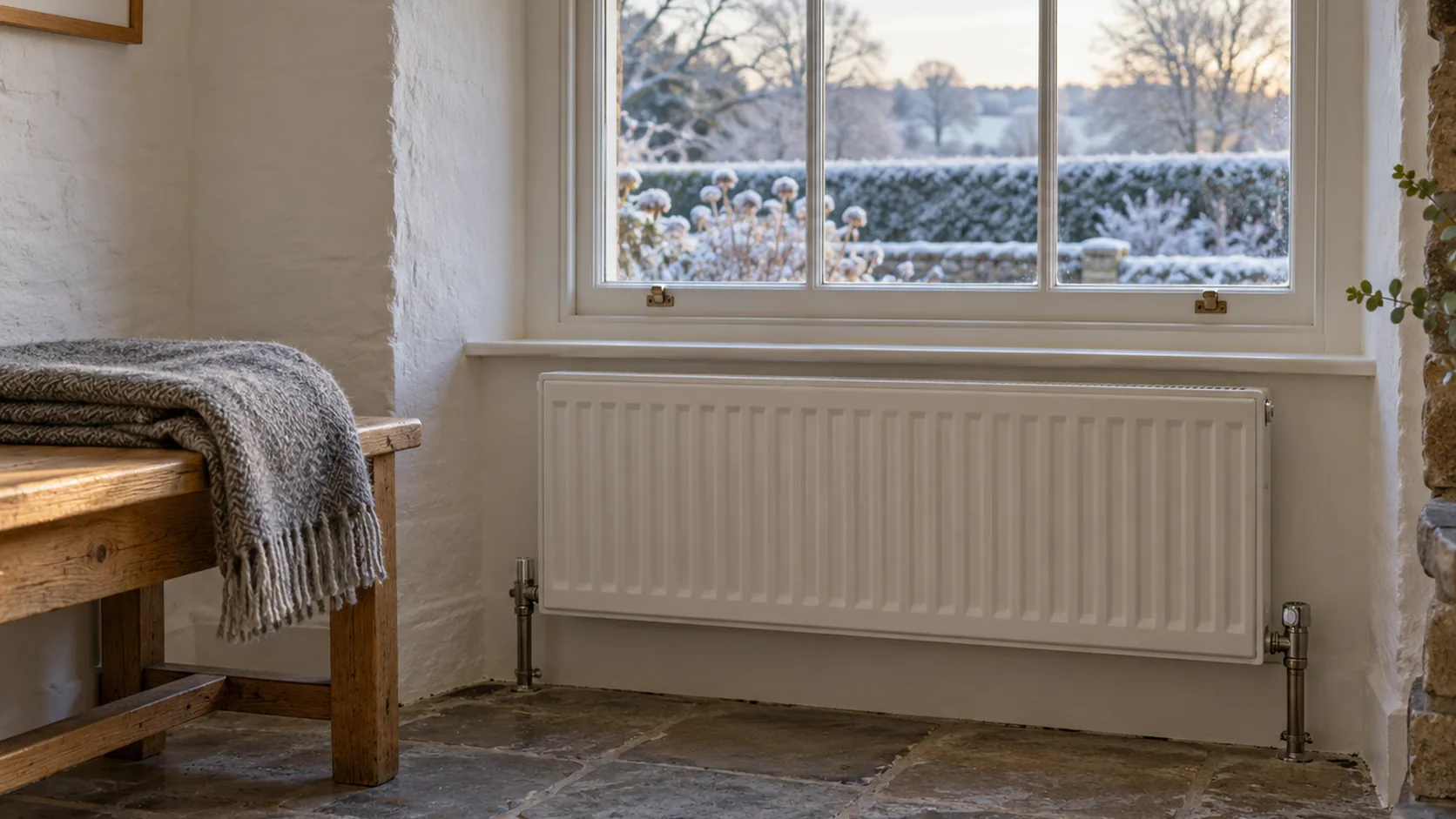 A radiator under a sash window in a holiday let, with frost on the garden outside.