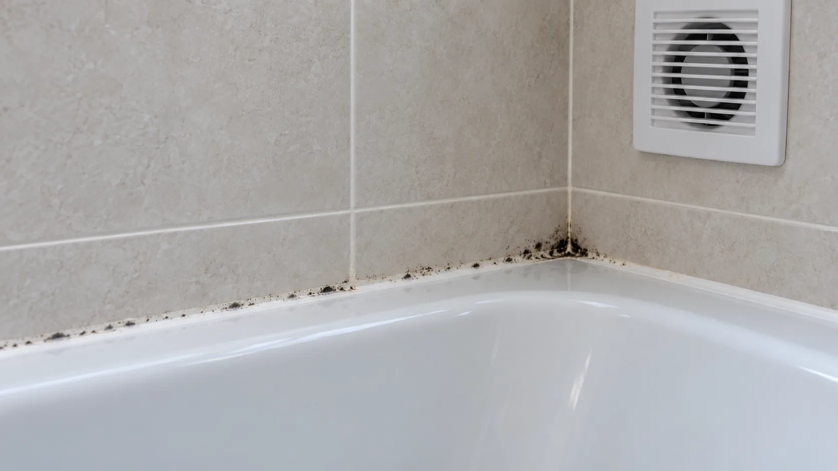 Black mould spots along the silicone seal at the edge of a bath, with an extractor fan on the wall above