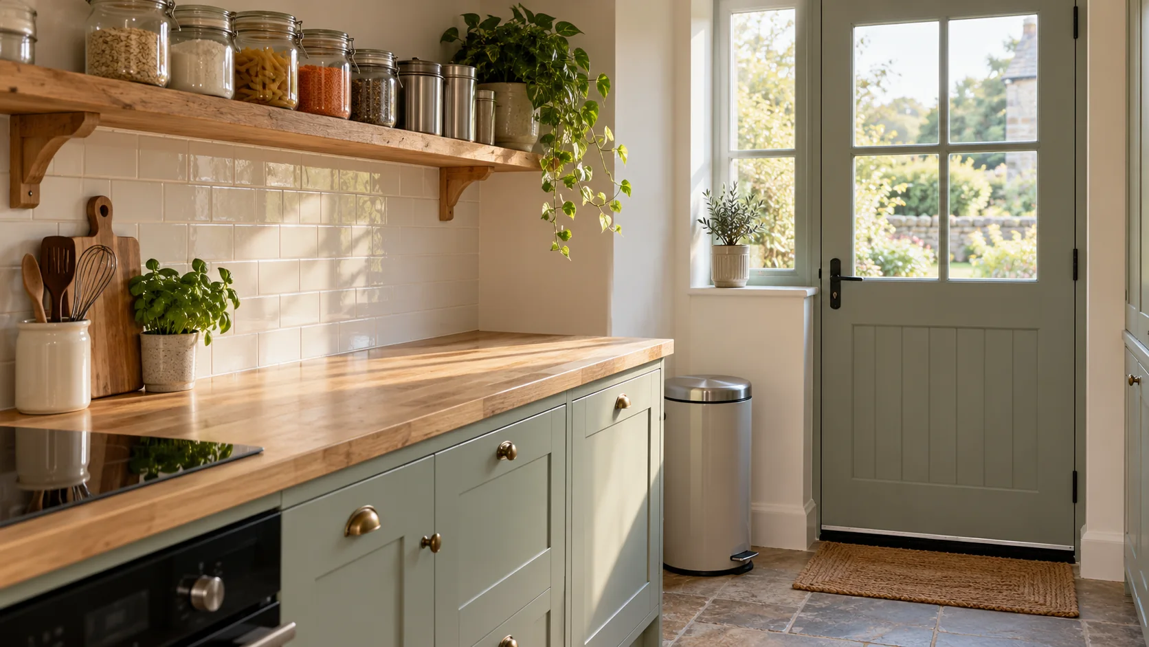 A tidy cottage kitchen with food in closed jars, a lidded bin and a closed back door