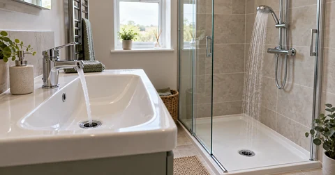 Basin tap and shower running into empty fittings to flush the water through